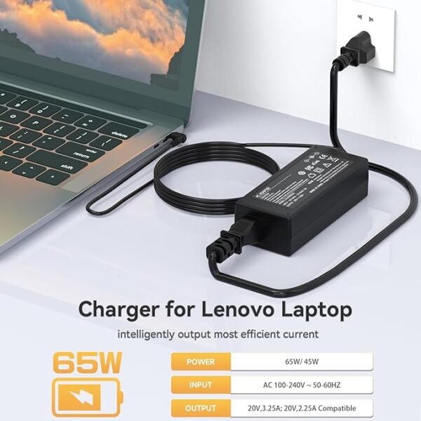 Lenovo 45W Charger for Chromebook | 20V 2.25A Adapter with Barrel Plug + Power Cable - Image 3