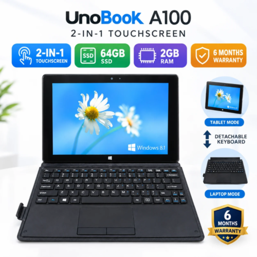 UnoBook A100 2-in-1 Detachable Touchscreen Laptop | 64GB SSD | 2GB RAM | Convertible Windows Tablet | 10.1-Inch Touchscreen Display | Windows 8.1 | 4-5 Hours Battery Backup | Kids & Students