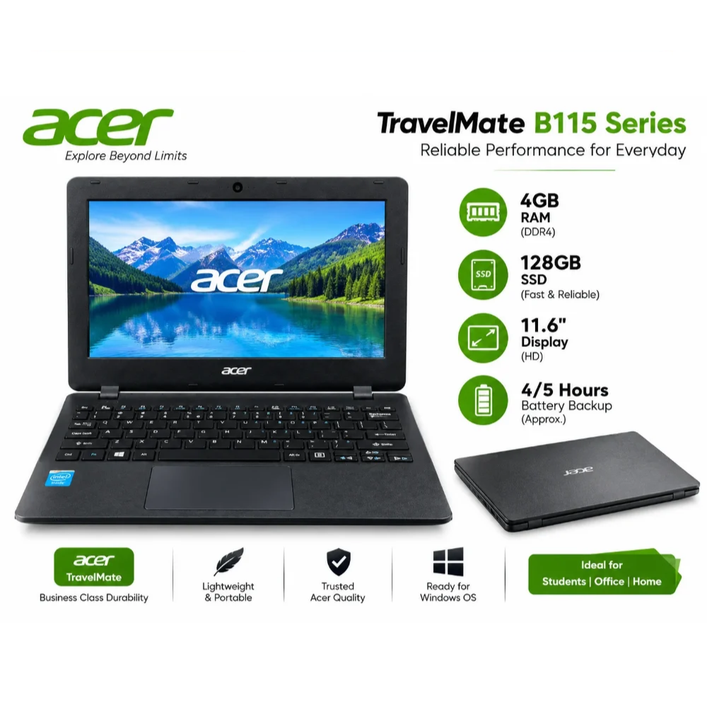Acer TravelMate B115/E3-111/E3-115 Laptop | 4GB RAM Upgradeable | 128GB SSD Upgradeable | 11.6" HD Display | Intel Processor | Students, Office Work, Online Classes & Home Use Portable Business Laptop